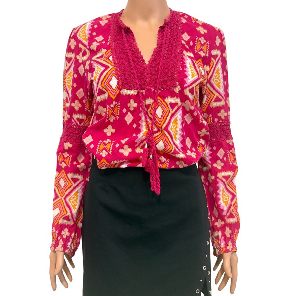 Tory Burch 8 cotton crochet trim geometric print tassel front tie top TLS1 3125
